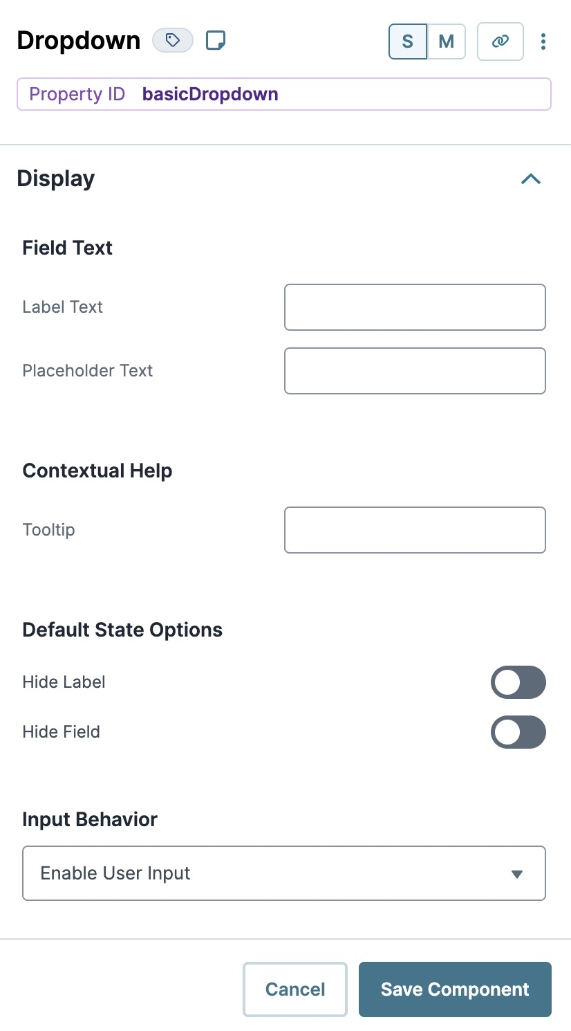 A static image displaying the UDesigner Dropdown component's Display settings.