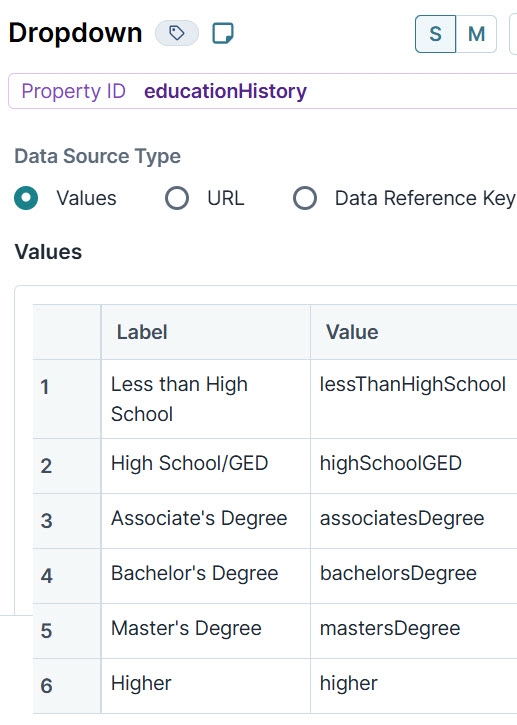 A static image displaying the educationHistory Dropdown component's data settings. The Data Values data is filled out.
