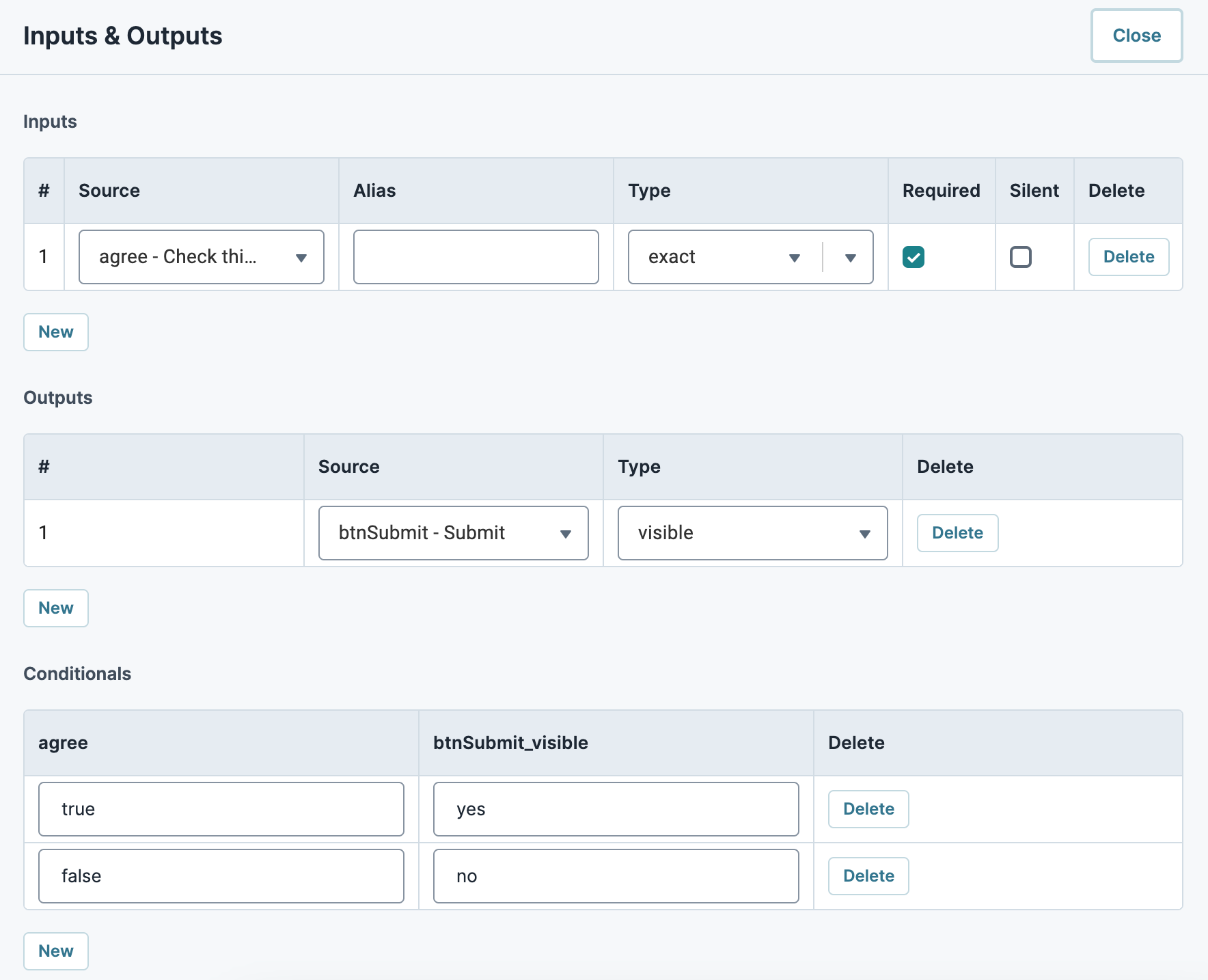 A static image displaying the Decisions component's Actions settings, the Inputs, Outputs, and Micro Decisions tables are filled out.