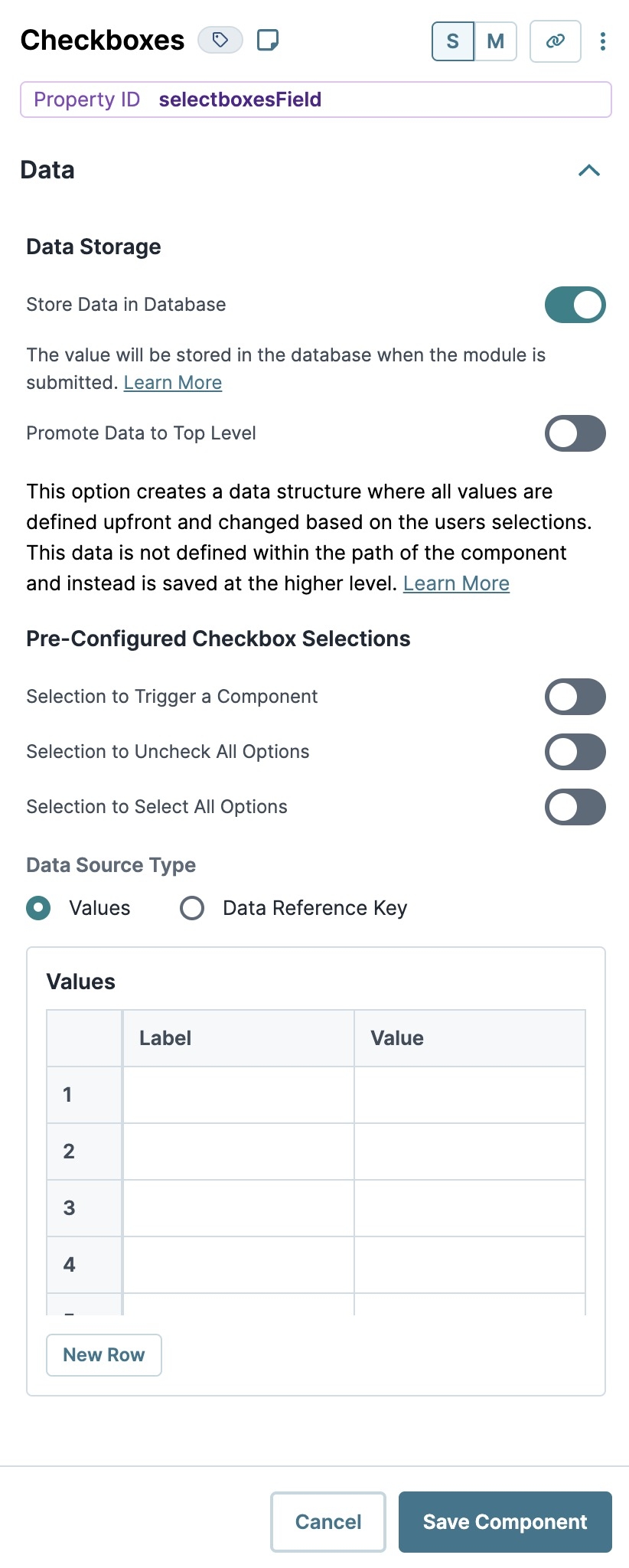 A static image displaying the Checkboxes' Data settings.