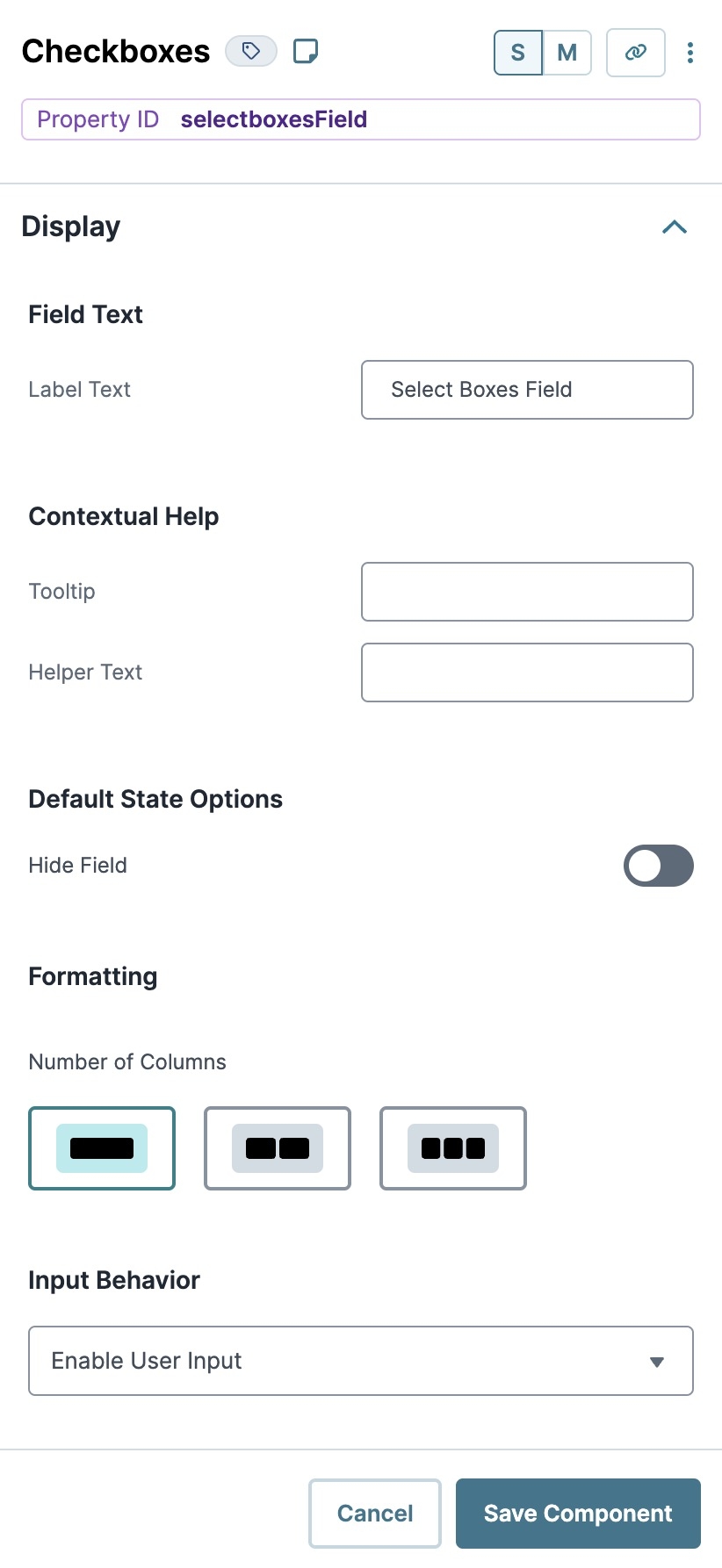 A static image displaying the Chekcboxes' Display settings.