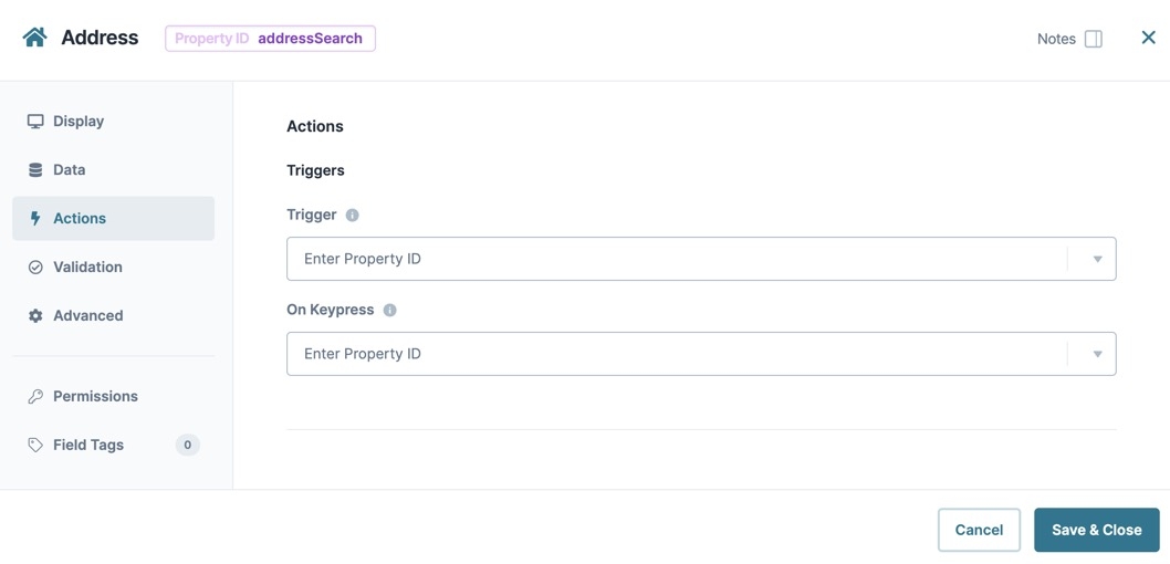 A satic image displaying the Actions panel in the Address Search component configuration window.