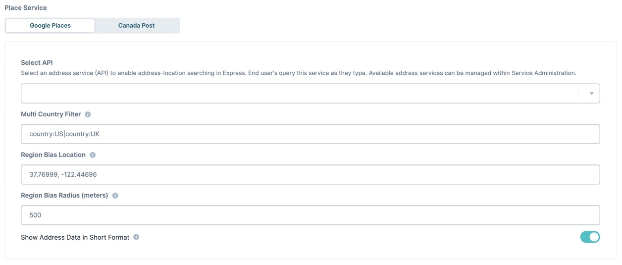 A satic image displaying the Google Places selection in the Address Search component configuration window.