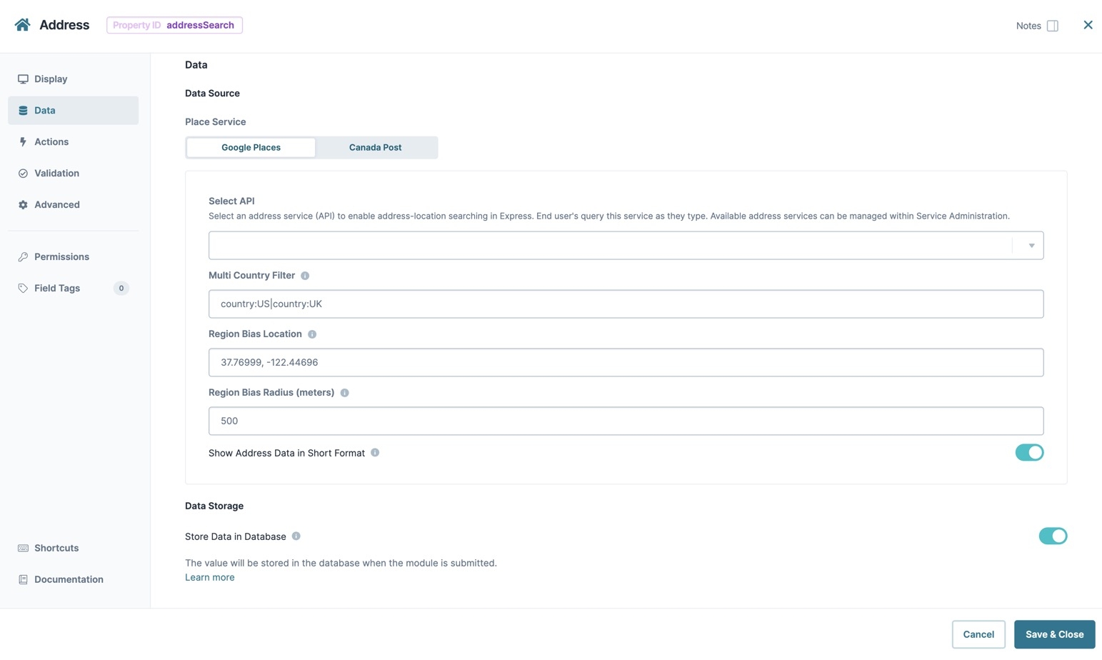 A satic image displaying the Data panel in the Address Search component configuration window.