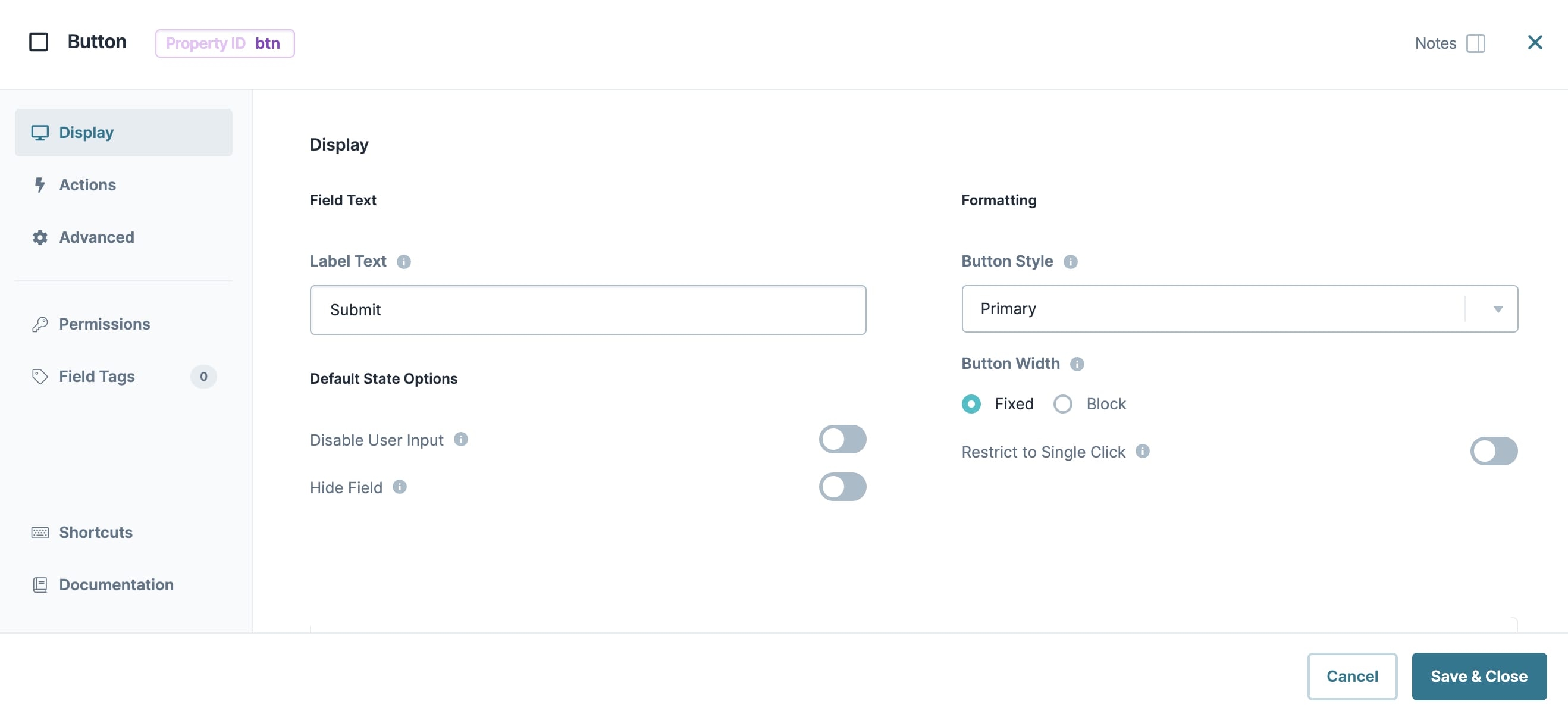 A static image dispaying the Button component's Display settings.