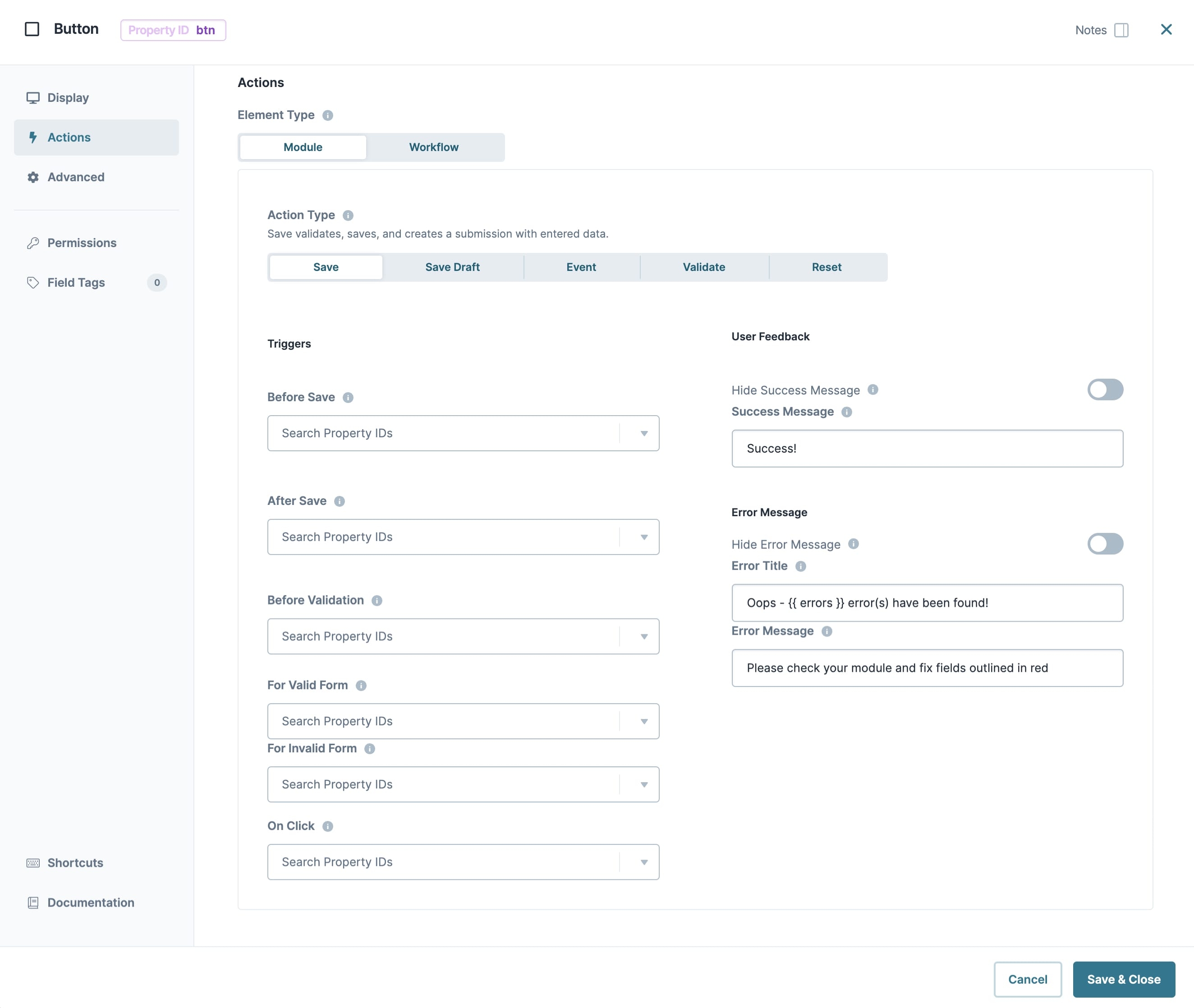 A static image dispaying the Button component's Actions settings.
