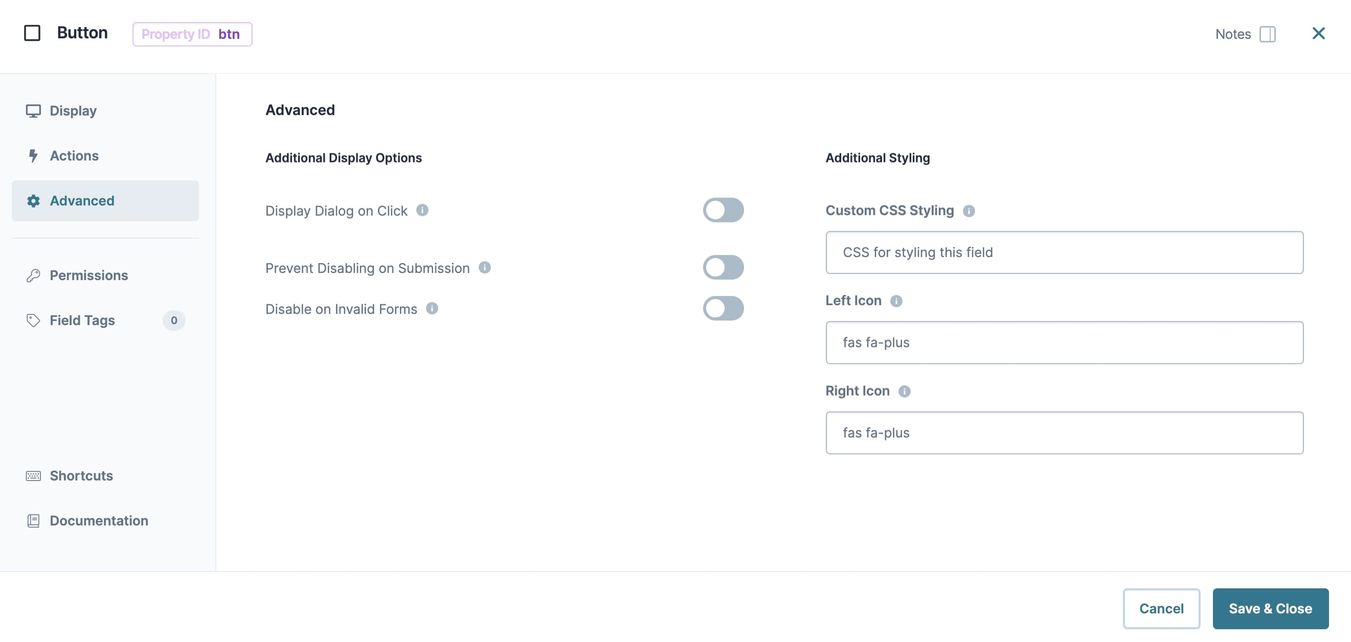 A static image dispaying the Button component's Advanced settings.