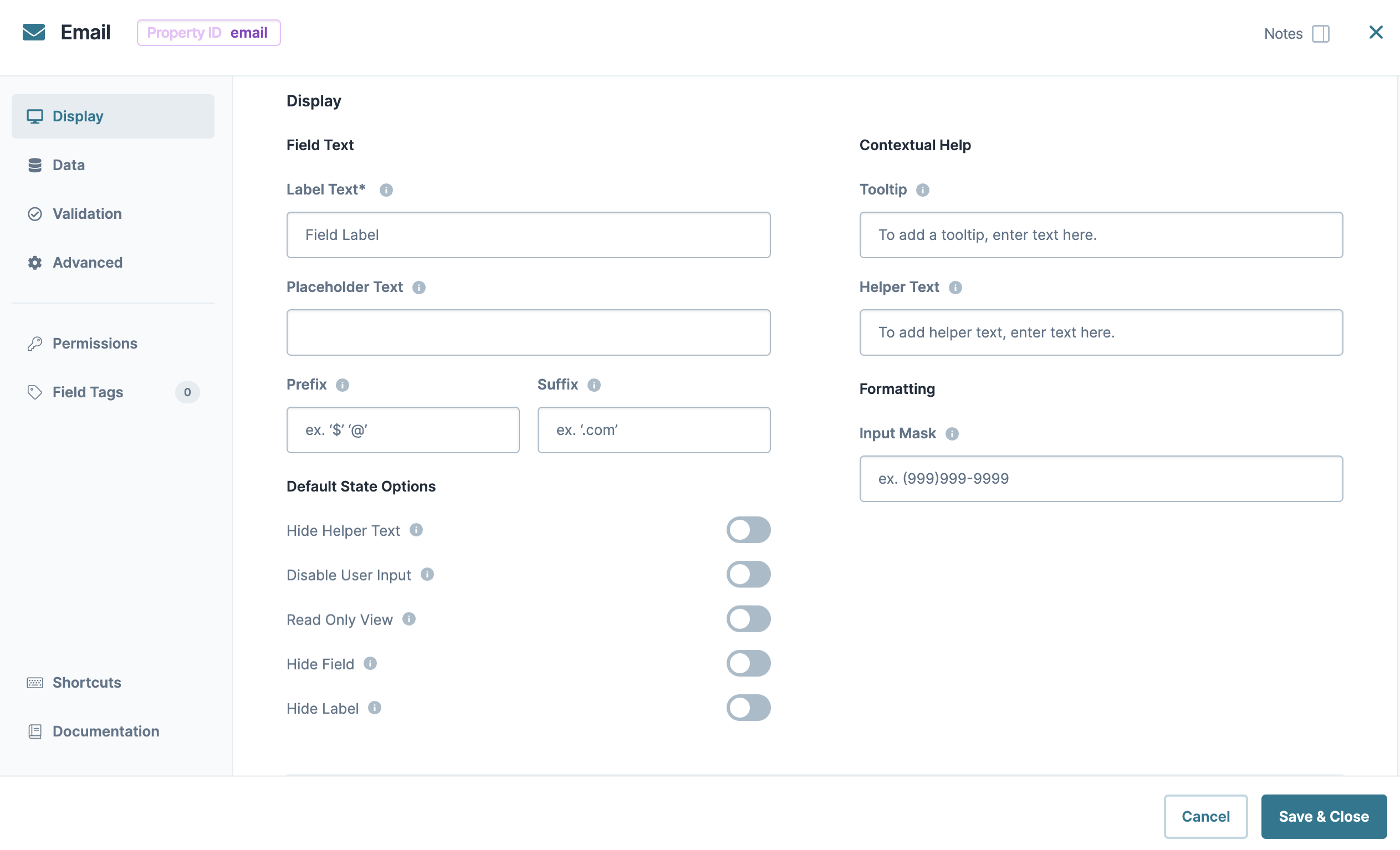 Static image displaying the Email component's Display configuration settings. 