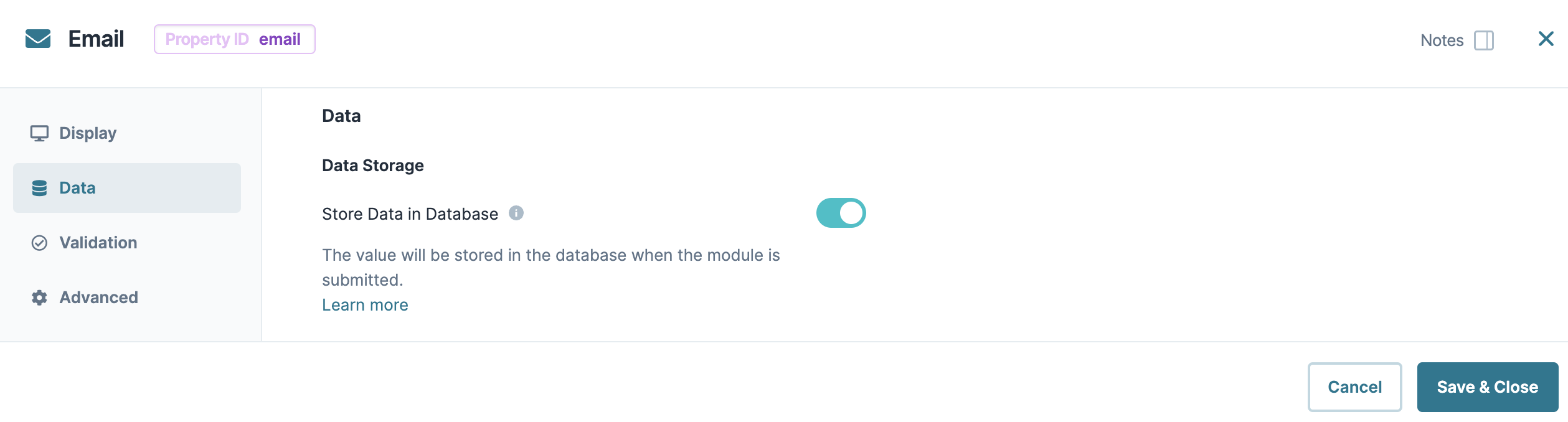 Static image displaying the Email component's Data configuration settings. 