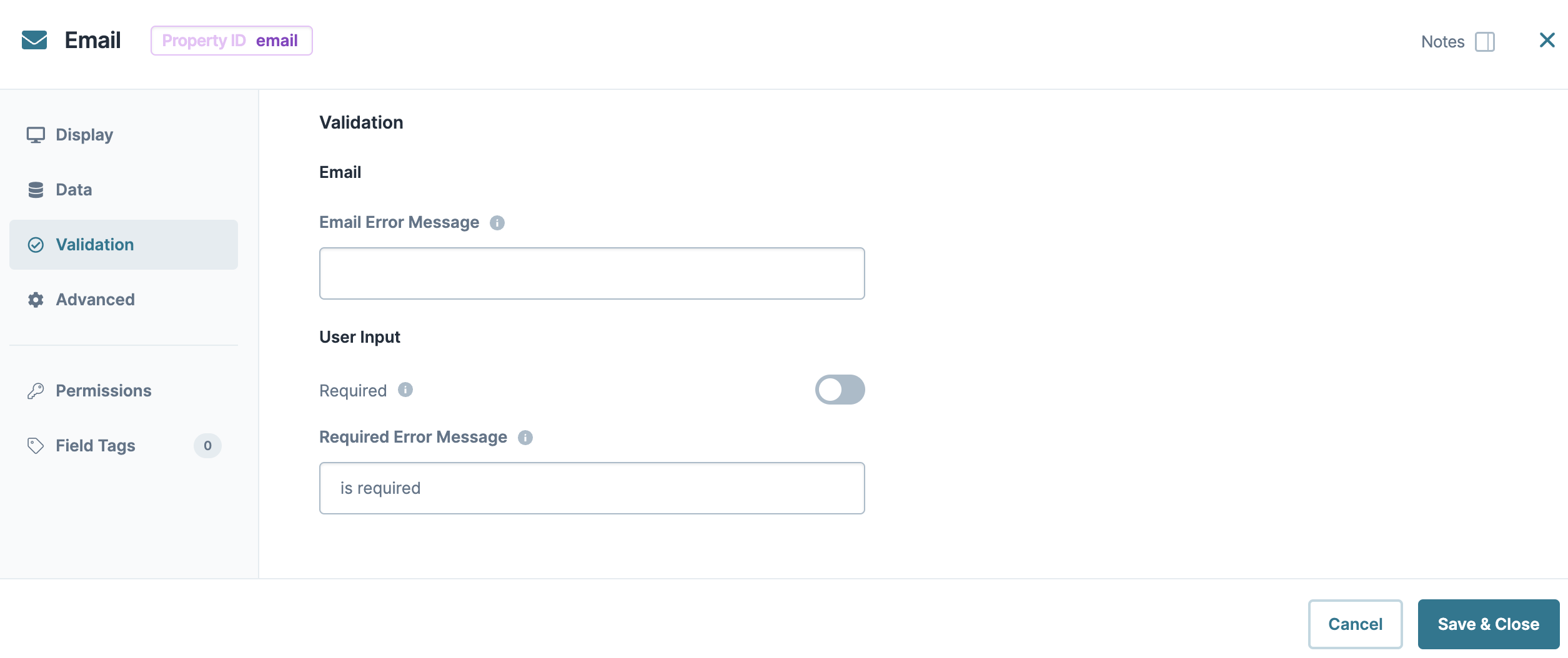 Static image displaying the Email component's Validation configuration settings. 