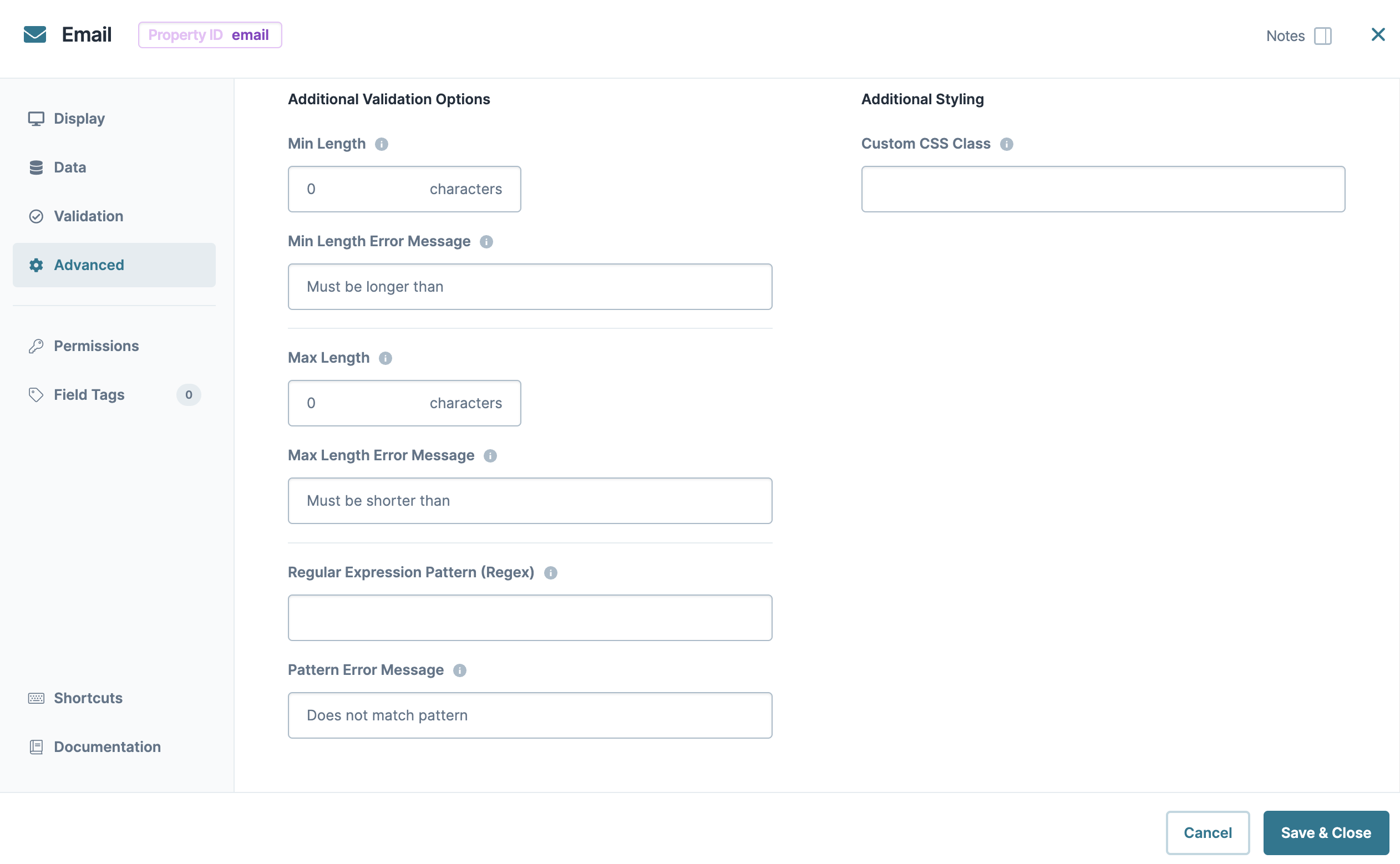Static image displaying the Email component's Validation configuration settings. 