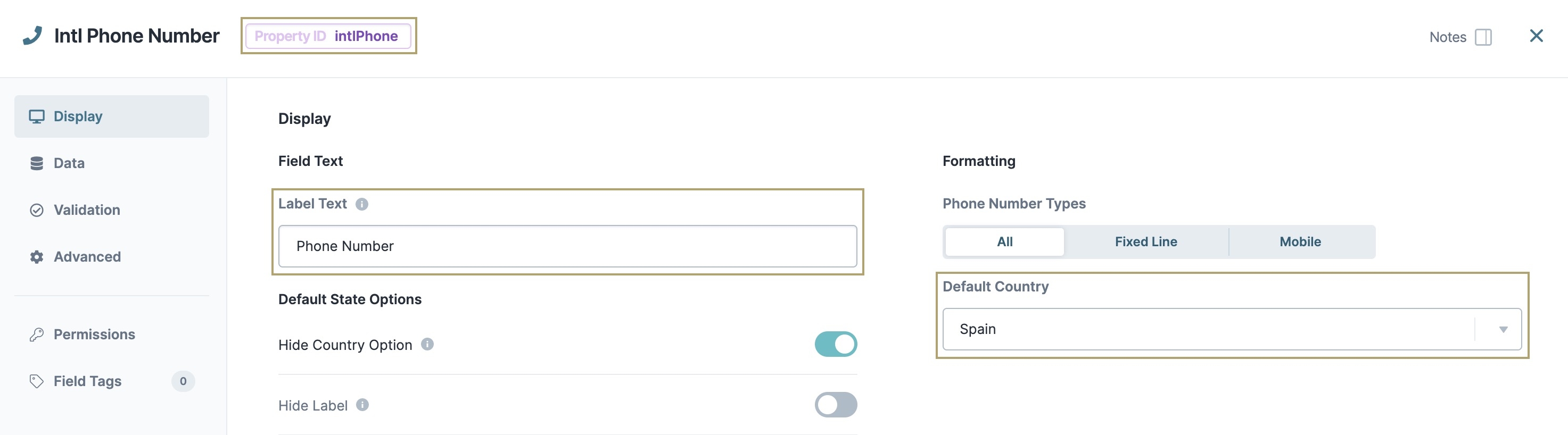 A static image displaying the Property ID, Label Text, and Default Country configuration.