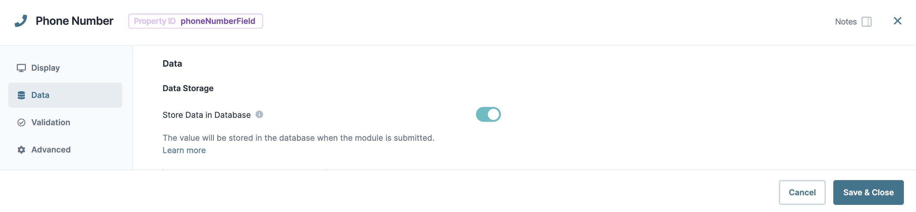 A static image displaying the Phone Number component's Data settings.