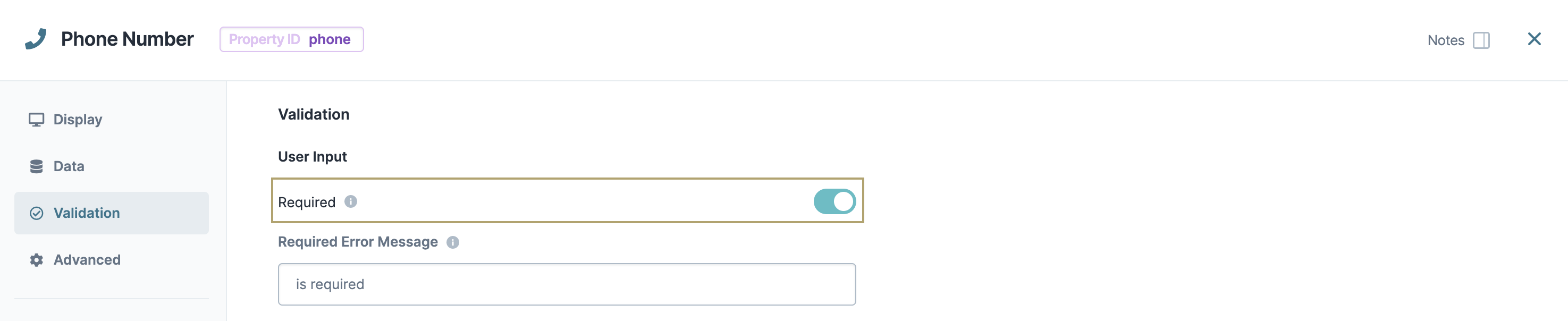 A static image displaying the Required setting toggled to ON.