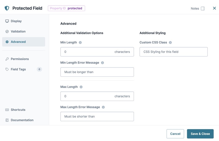 A static image dispaying the Protected Field component's Advanced settings.