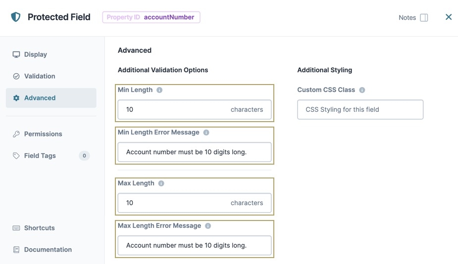 A static image displaying the Protected Field component's Advanced settings. The Min & Max Length fields, and the Min Length & Max Length Error message fields are highlighted.