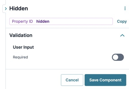 A static image displaying the UDesigner Hidden Component's User Input settings.