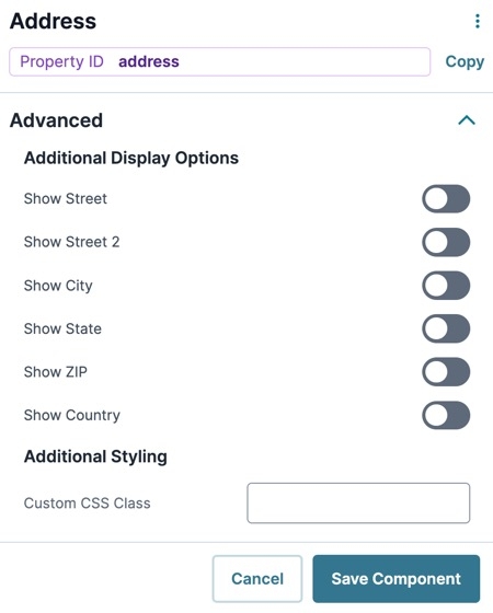 A static image displaying the Address component's Advanced settings.