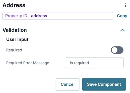 A static image displaying the Address component's Validation settings.