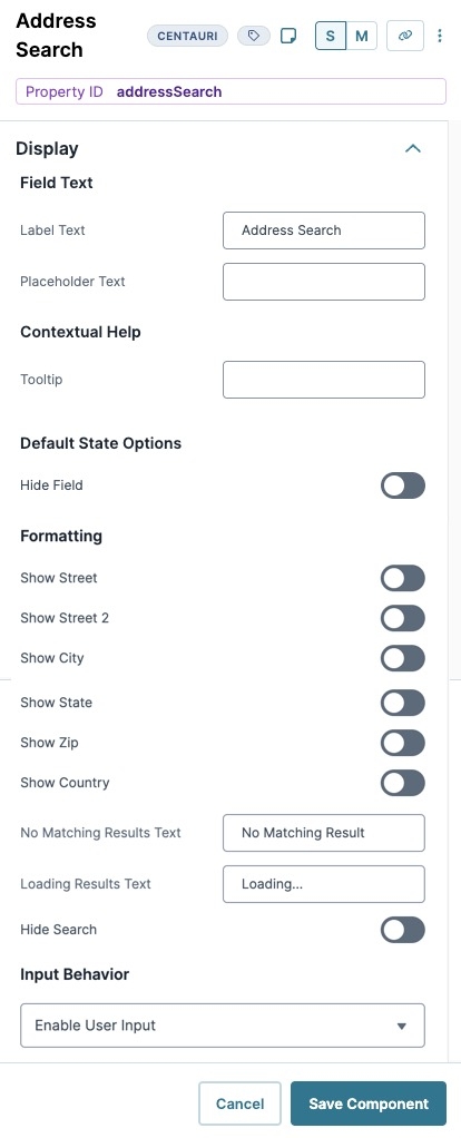 A static image displaying the Address Search component's Display settings.