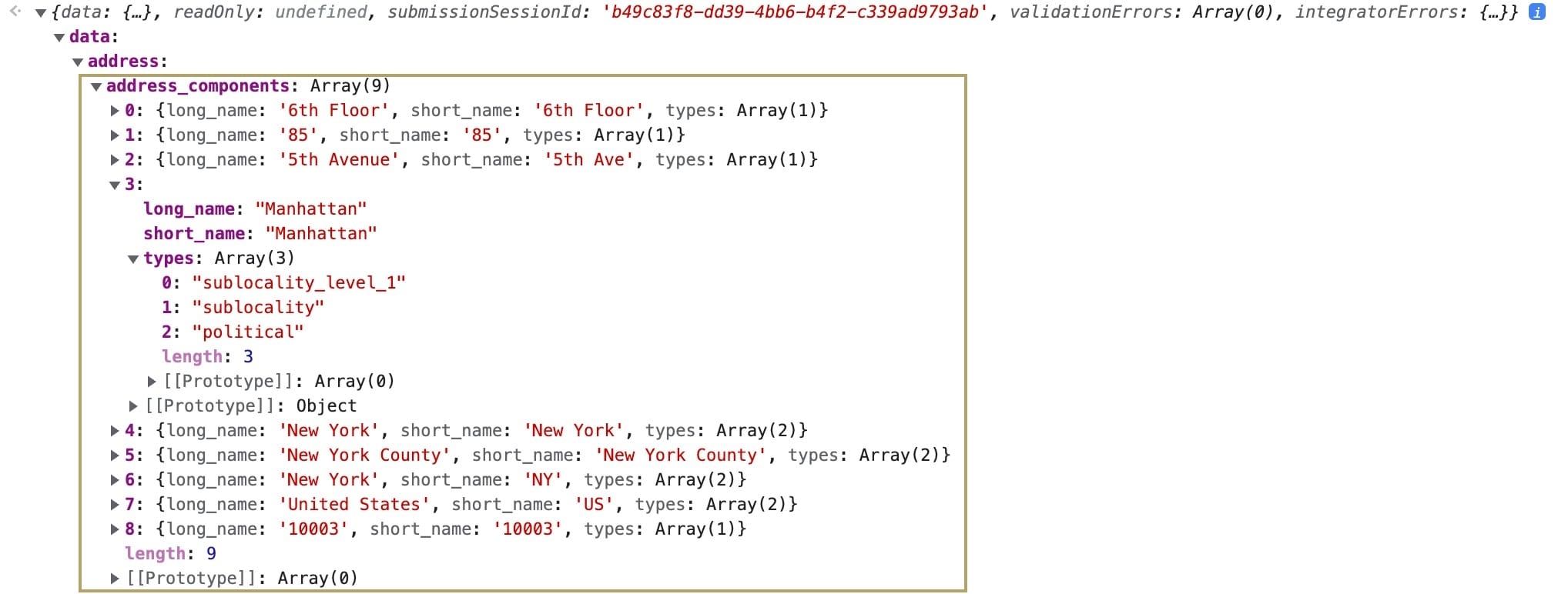 A static image displaying the address_components array data.