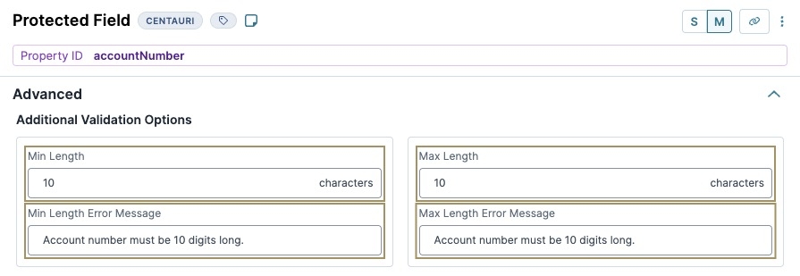 A static image displaying the Protected Field component's Advanced settings. The Min & Max Length fields, and the Min Length & Max Length Error message fields are highlighted.