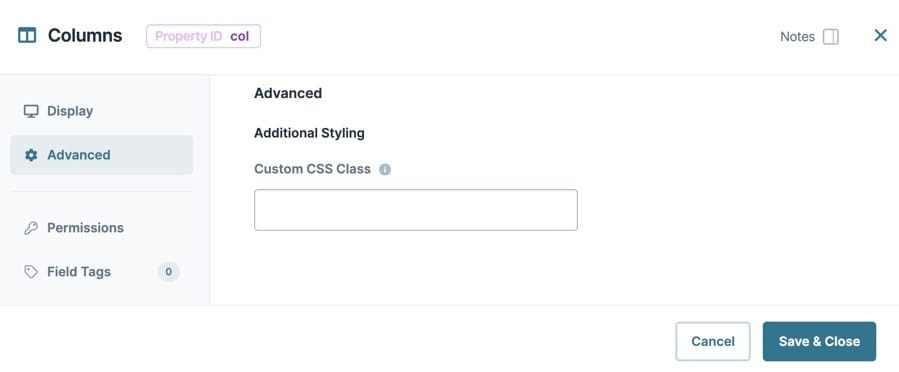 A static image dispaying the Columns component's Advanced settings.