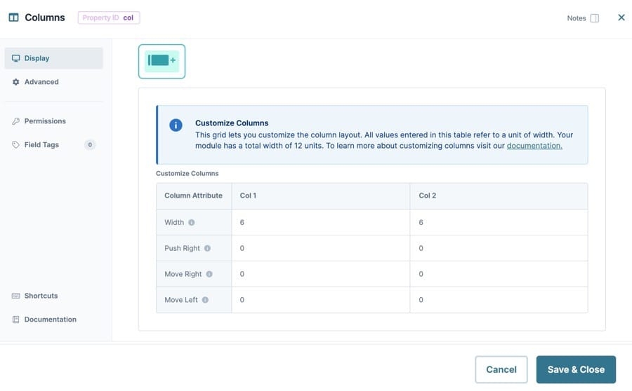 A static image displaying the Columns component Display settings, the Customize Columns button is selected and the Customize Columns table is displayed.