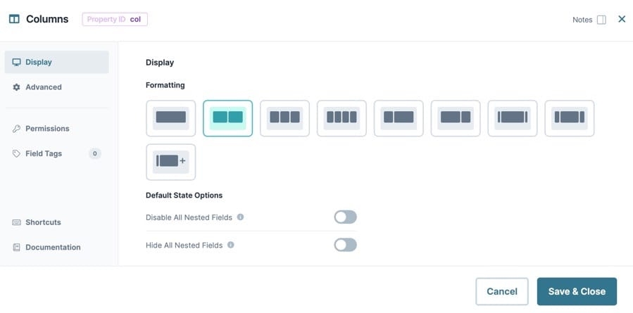 A static image dispaying the Columns component's Display settings.