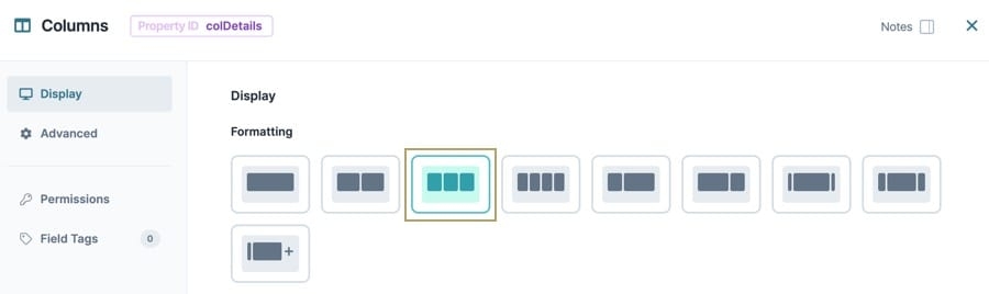 A static image displaying the Columns Component's Display settings, the Three Column button is selected.