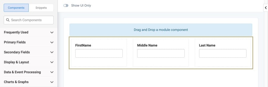 A static image displaying the Module Builder canvas, the Columns component contains three text fields, one in each column.