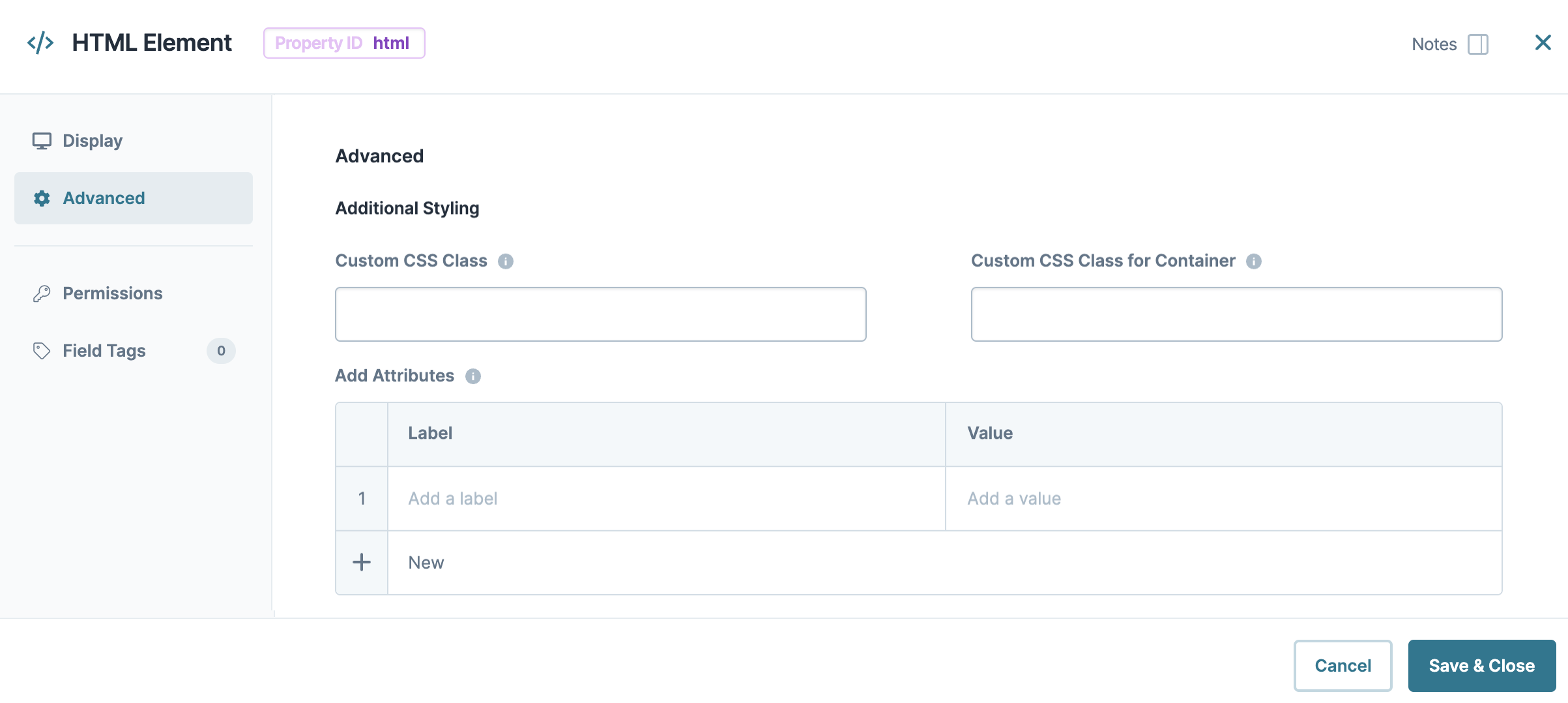 A static image dispaying the HTML Element component's Advanced settings.