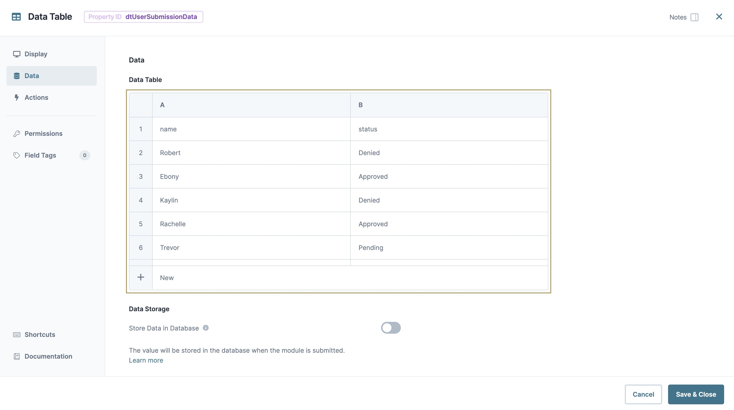 A static image displaying the completed configuration of the Data Table component.