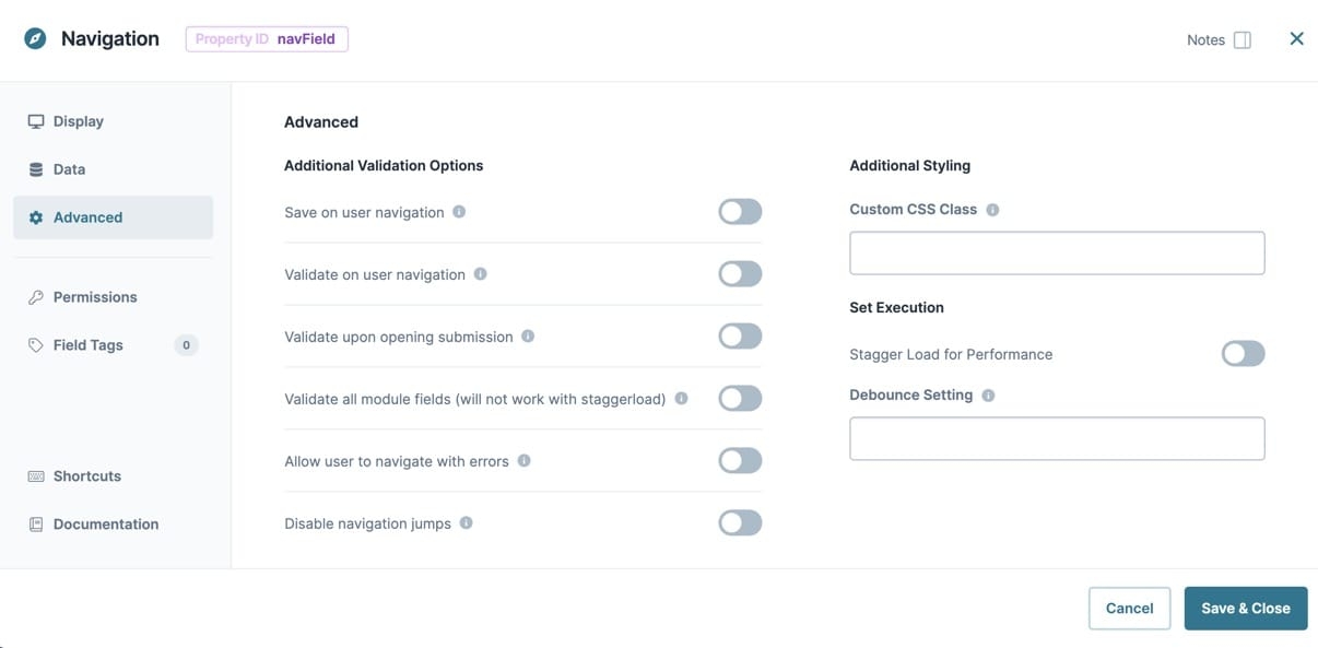 A static image displaying the Navigation Component's advanced settings.