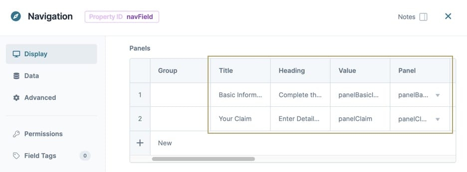 A static image displaying the Navigation Component's Panels-table settings. The Title, Heading, Value, and Panel columns are filled out.