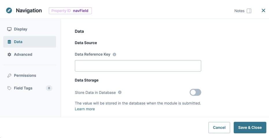A static image displaying the Navigation Component's Data settings.