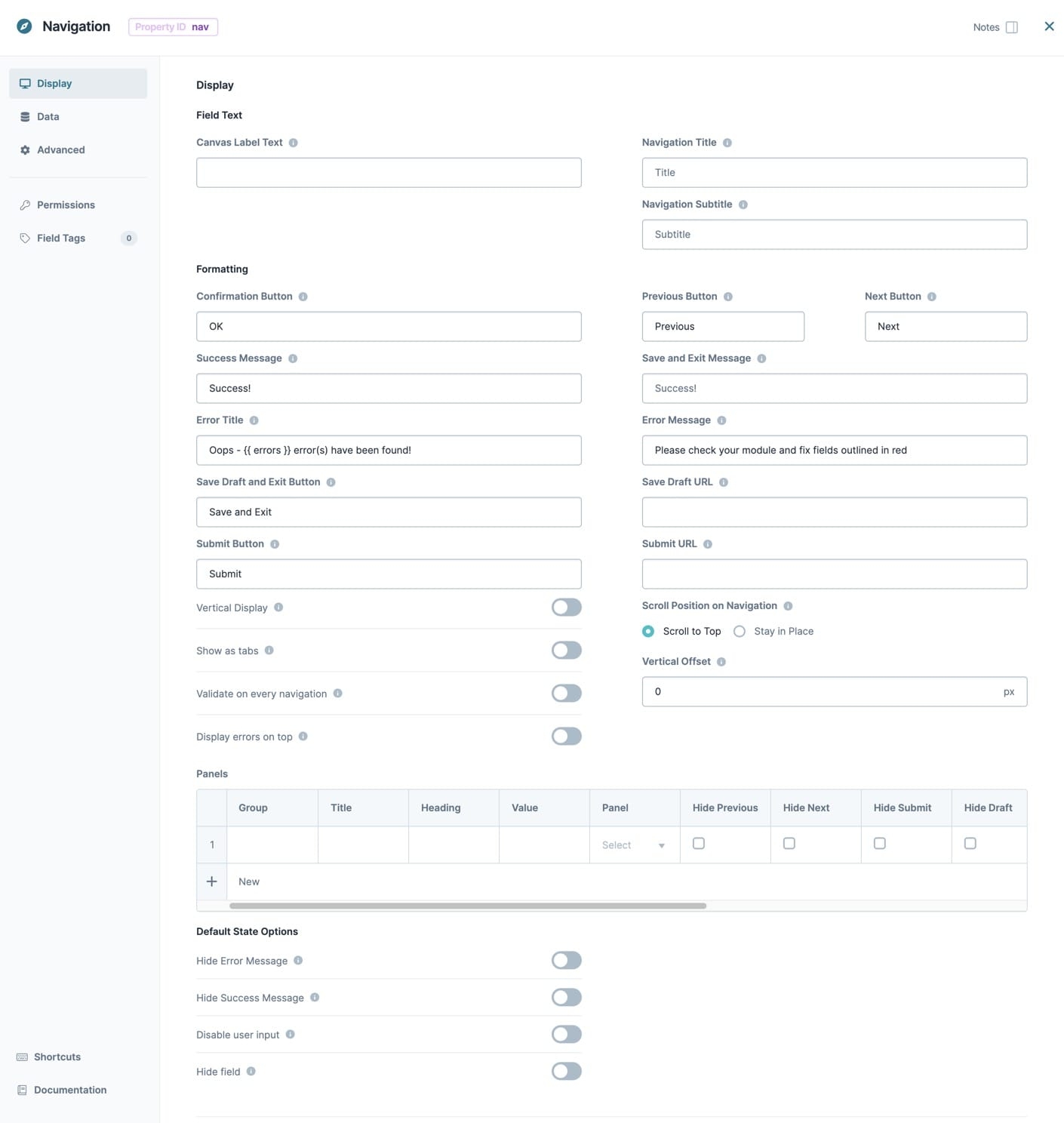 A static image displaying the Navigation component's Display settings.