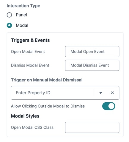 A static image displaying the Panel component's Modal settings.