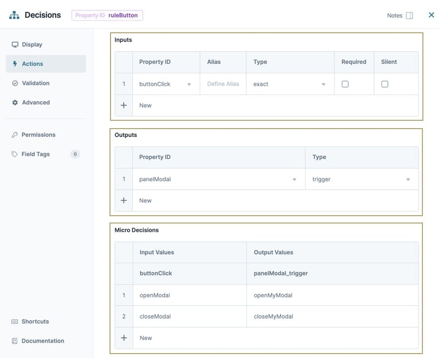 A static image showing the Inputs, Outputs and Micro Decisions tables of the Decisions component.