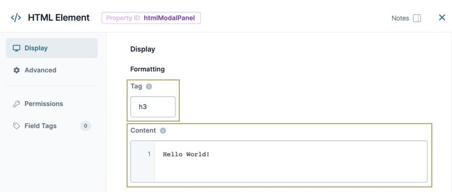 A static image of the HTML Element component's Display settings, the Tag field is set to h3, and the Content field contains the words "Hello World!".