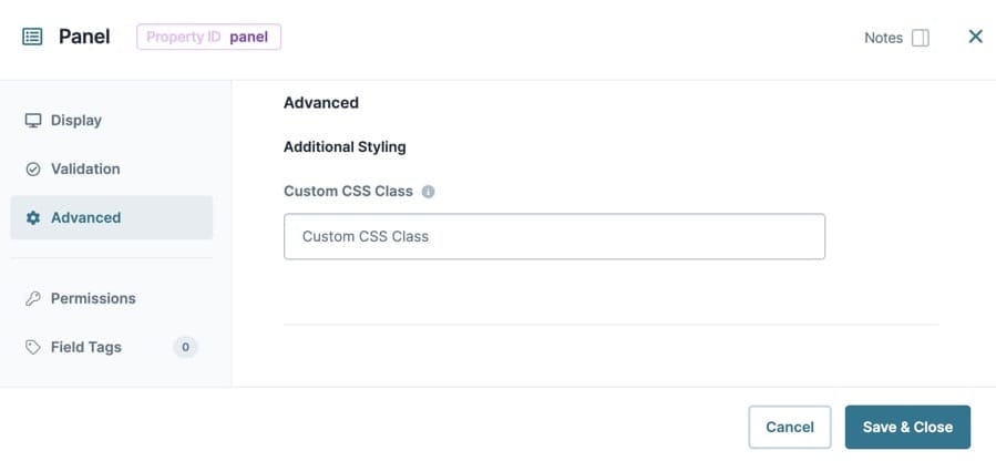 A static image dispaying the Panel component's Advanced settings.