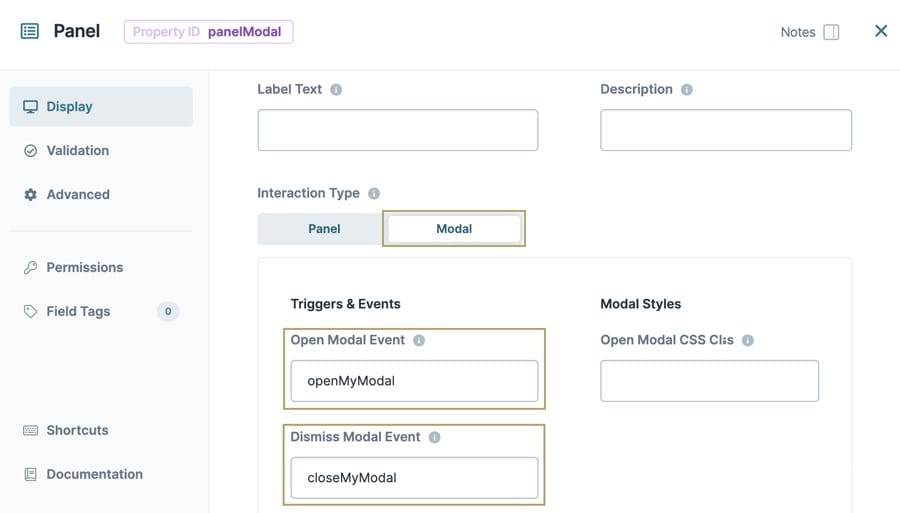 A static image displaying the Panel Configuration page, the property ID is "panelModal", the Interactio type is set to "Modal", and the Open Modal Event field reads "panelPopModal".