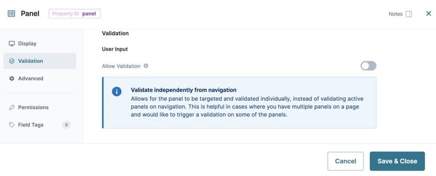 A static image dispaying the Panel component's Validation settings.