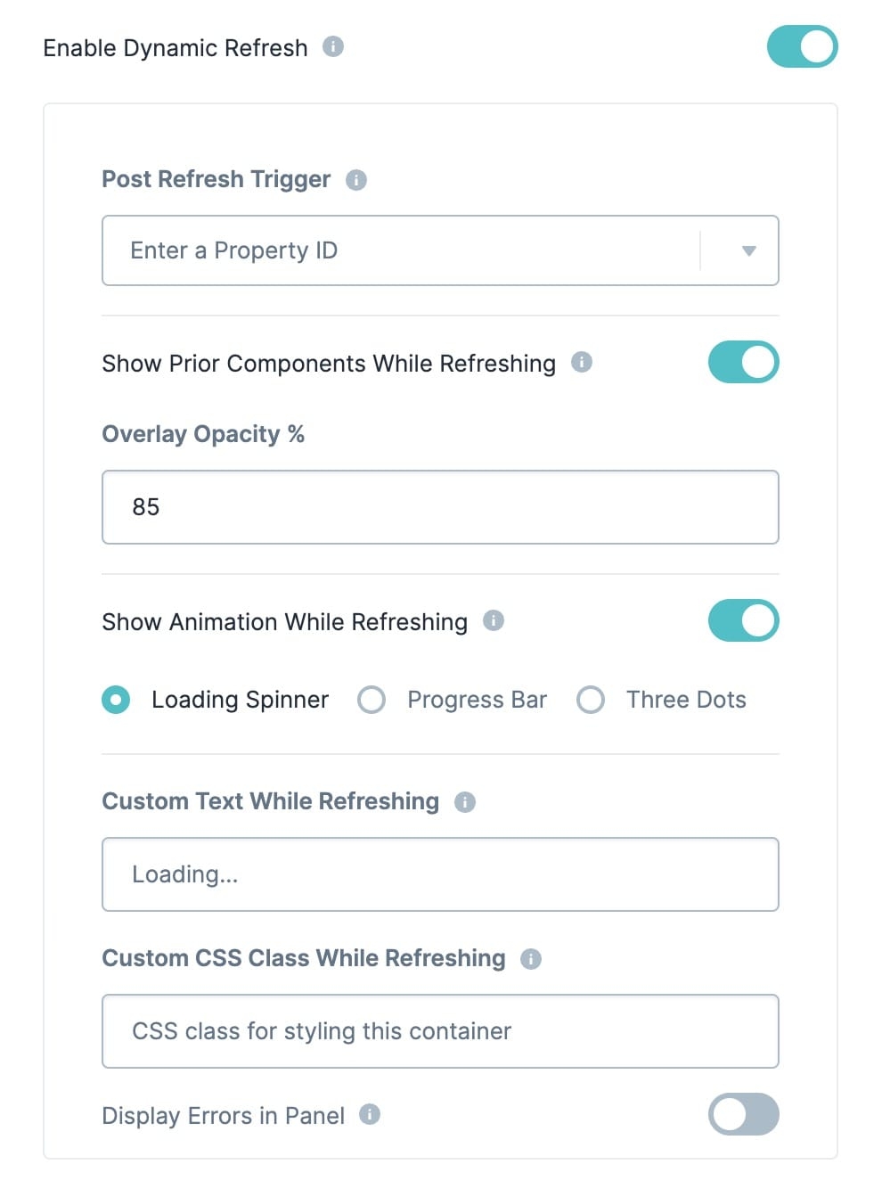 A static image displaying the Dynamic Refresh settings in the Panel Component configuration page.