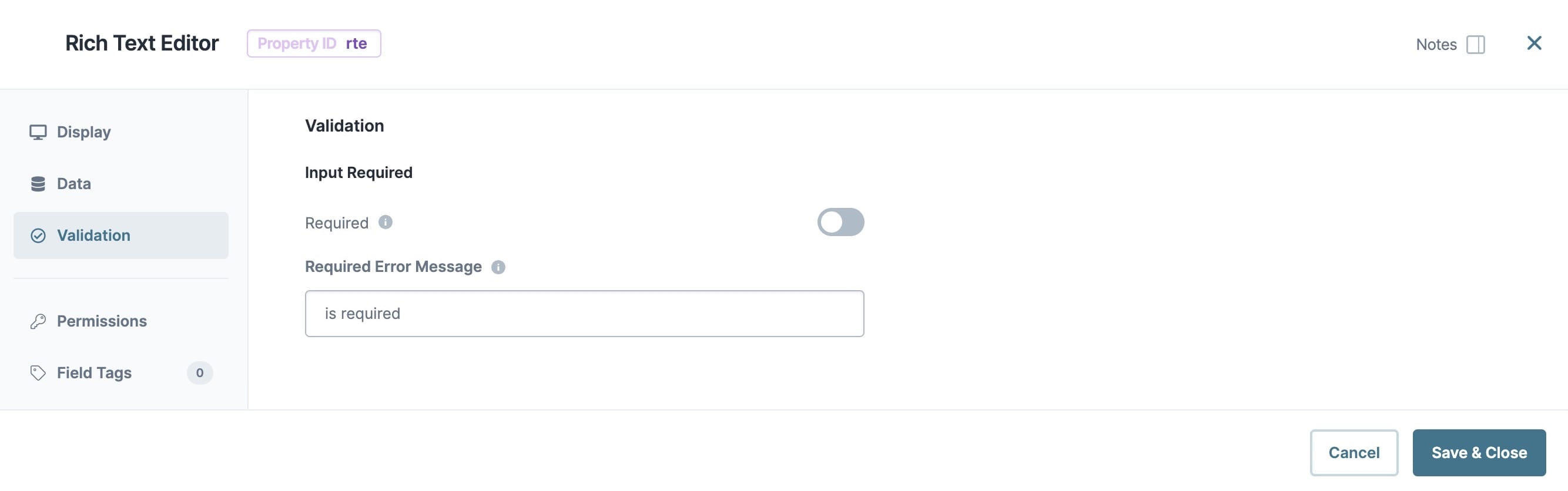 A static image displaying the Rich Text Editor component's Validation settings.