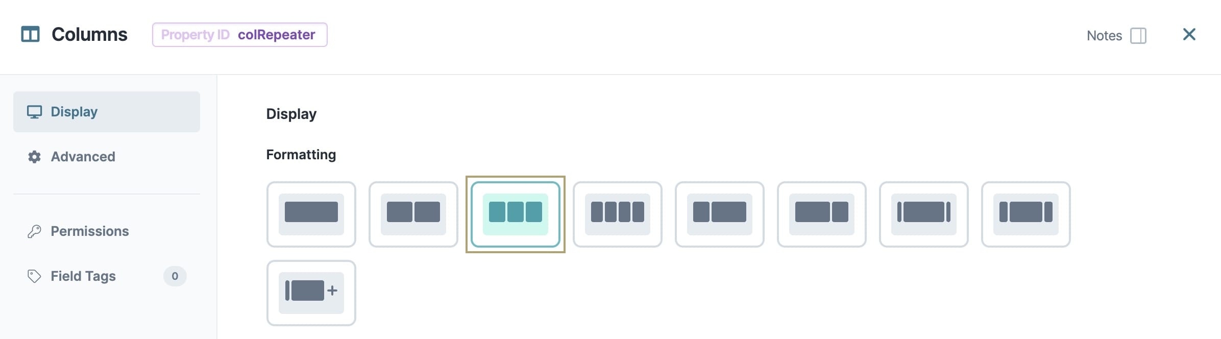 A static image displaying the Columns Component's Display settings, the Three Column button is selected.