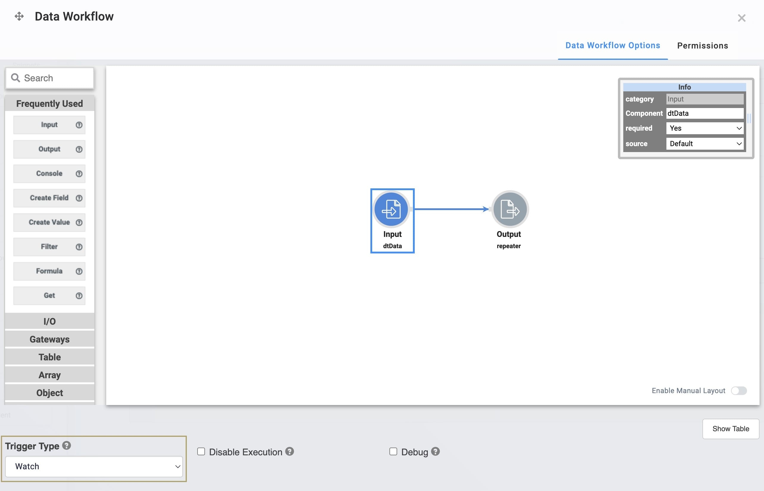 A static image displaying the Data Workflow's configuration window, with the Watch Trigger Type selected.