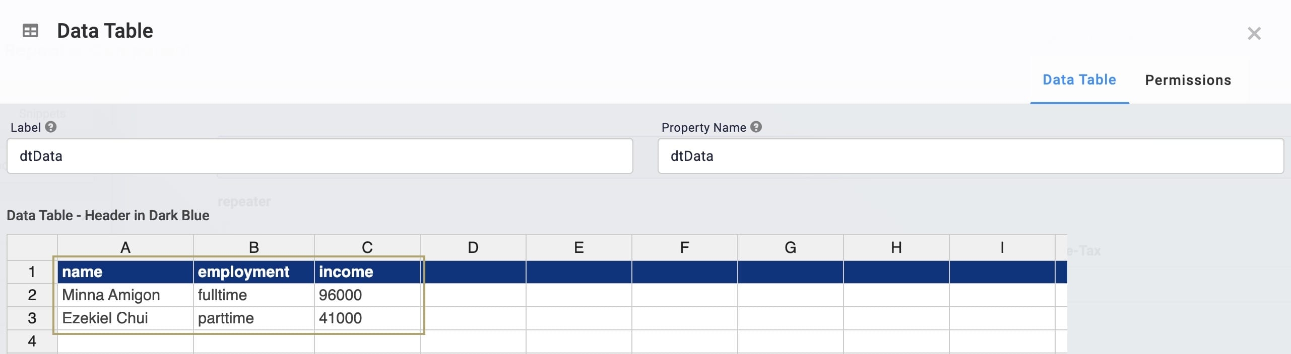 A static image displaying the Data Table component's configuration window.