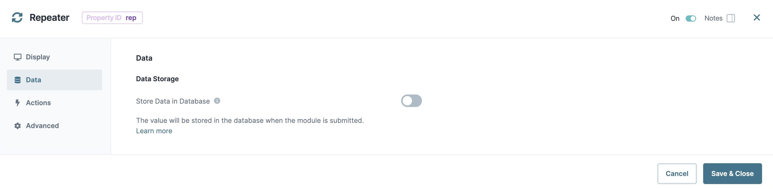 A static image displaying the Repeater component's Data settings.