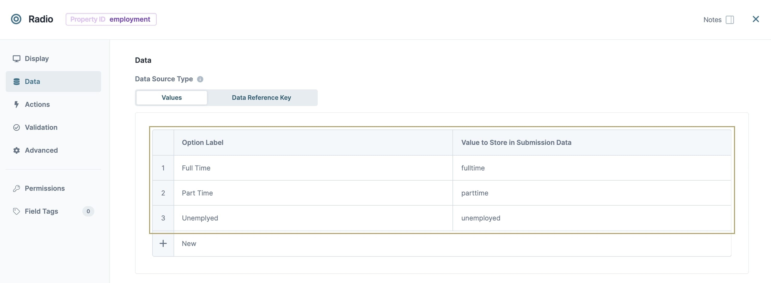 A static image of the Radio Buttons component's configuration window.